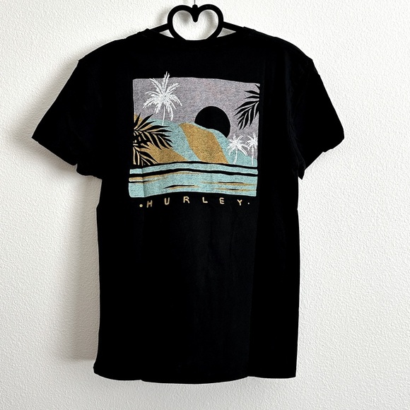 Hurley Tops - Hurley Black Tropical Golden Waves Sunset Palm Tree Graphic Tee Size XS